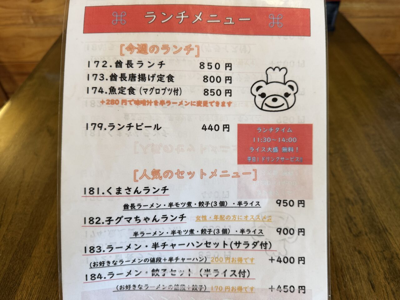 鷲宮大酋長のランチメニュー