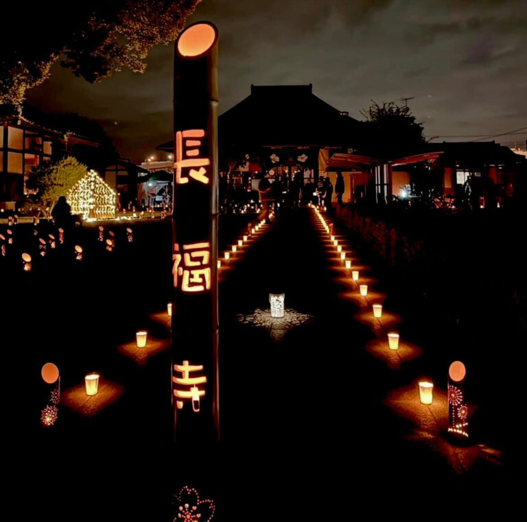 手作りの竹灯籠が参道や境内に並べられ、幻想的な光景が広がります。