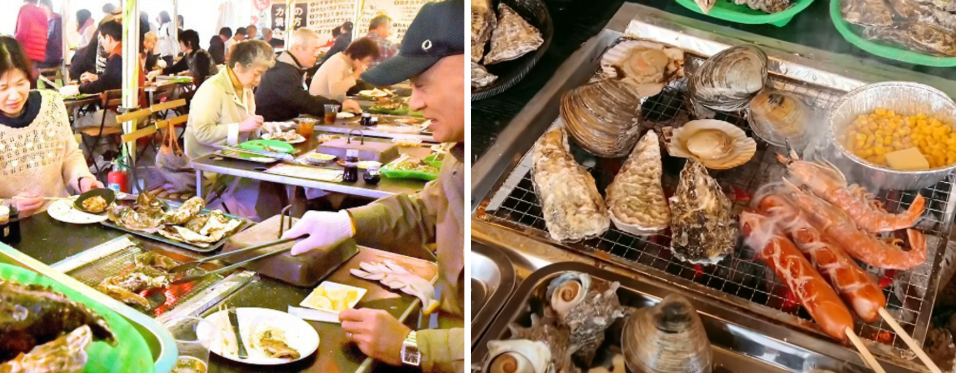 新鮮なサザエ、ホタテ、アワビ、ホッキ貝、エビ、タコ串、イカ串などの浜焼きや、牡蠣フライ、牡蠣ごはん、牡蠣汁、牛串、豚串、フランクフルト、フライドポテト、コーンバター